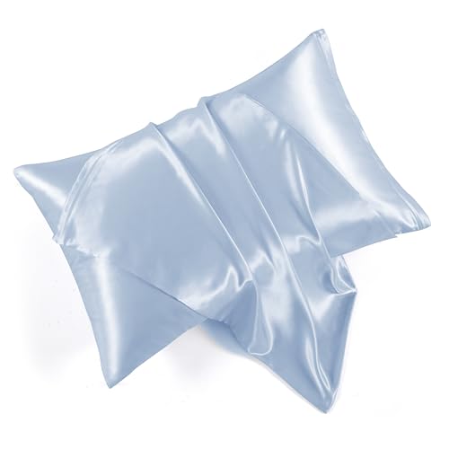 HommxJF Light Blue Satin Pillowcases with Zipper 20x26 Standard Size Pillowcases Set of 2 Light Blue Silk Pillowcase for Hair and Skin