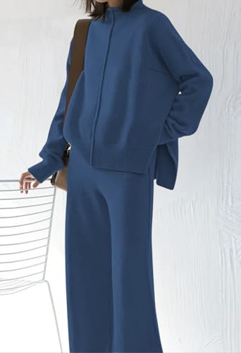 Linsery Women 2 Piece Sweater Sets High Neck Knitted Pullover Wide Leg Casual Sweatsuit4