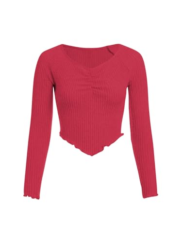 SOLY HUX Girl's Crop Tops Y2K Long Sleeve T Shirts Cute Ruched V Neck Tees Casual Fitted Asymmetrical Tops