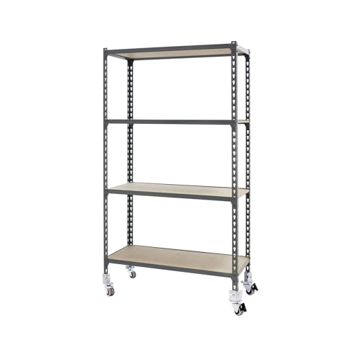 Simon Rack Schwerlastregal mit Rollen, 1575x800x500 mm, Bis 75 kg Belastbar, 4 Verstellbare Ablagen, MDF-Platten, Kellerregal, Lagerregal, Grau/Holz - Maderclick