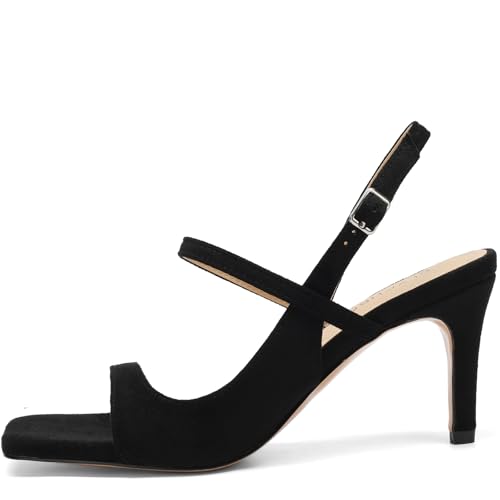 SLXCHBSL Women's Stiletto Heeled Sandals, Square Open Toe High Heels, Ankle Strap Shoes for for Party, Prom, 3 Inch, Suede, Black, Size 7 — view 4