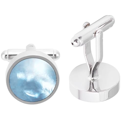 Round Ocean Blue Mother of Pearl Shell Cufflinks for Men Women In Gift Case Handmade Round Men's Cufflinks Jewelry Set for Wedding Anniversary Business Party Events Tuxedo Dress Shirt3