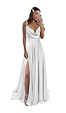 POMUYOO A Line Satin Wedding Dresses for Bride Long Cowl Neck Formal Evening Ball Gown with Slit White Size 14