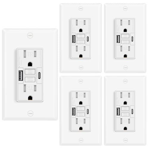 5 Pack 15A GFCI Outlet with USB C&amp;A, Self-Test TR ETL Listed White