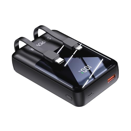 Portable Phone Charger with Built-in Cables 20000mAh Power Bank 22.5W Fast Charging LED Display Ultra-compact USB C Battery Pack Compatible with iPhone 16/15/14/13/12 Andriod etc (Black, 20000mAh)