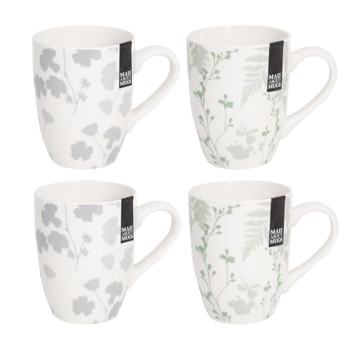 Set of 4 Floral New Bone China Coffee Mugs Afternoon Tea Cups Home Kitchen Grey Green Stencil Design Mug Set