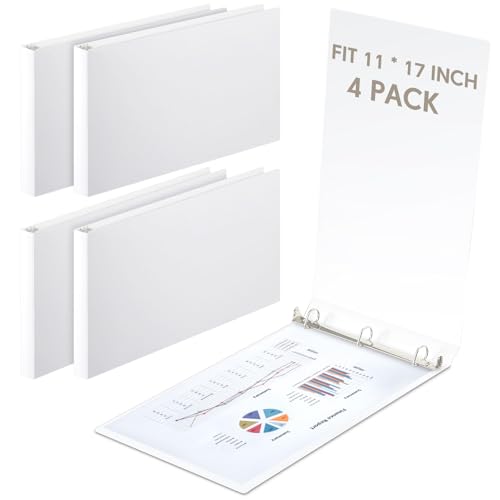 Humyoun 4 Pcs 11 x 17 Inch 3 Ring Binders 1 Inch Rings Heavy Duty View Plastic Flexible D Ring Binders Economy Holds 11 x 17 Paper for Artwork Blueprints Office Home Work Places (White)