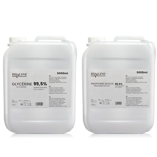 hd-line 5000 ml Glycerin E422 + 5000 ml Propylenglykol E1520, Perfekt für DIY, Pharmaqualität Reinheit, Lebensmittelqualität, Raw Material VG + PG, Rein, Vegan, Ph. Eur/USP