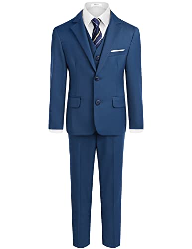 Boyoo Boy's 4 Pieces Formal Suit Set Slim Fit Blazers Outfit With Jacket, Vest, Dress Pants And Tie For Kids Size 5-14 Years Blue #TOP30