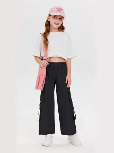Image of Haloumoning Girls Parachute Pants Kids Wide Leg Cargo Pants Y2K Street Trousers with Pockets 5-14 Years