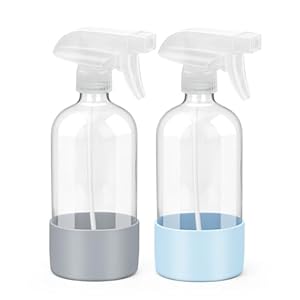 Bontip Glass Spray Bottle with Silicone Sleeve Protection, Empty Clear Bottle Set for Non-toxic Window Cleaners Aromatherapy Facial Hydration Watering Flowers Hair Care (2 Pack/16 oz)