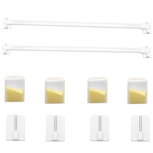 2Pcs Net Curtain Rods Extendable with 4PCS Self Adhesive Hooks, Extendable Curtain Poles No Drilling Net Curtains Tension Rods for Kitchen Cupboard Bathroom Window(White 30-50CM/11.81-19.69Inch)