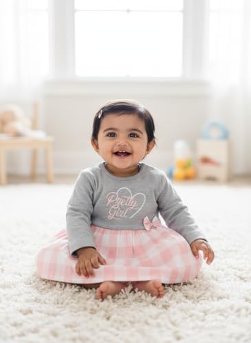 Image of Baby GO Cotton Baby Girls Frock Dress with Bow | Full Sleeve Casual Dress | Checked Winter Wear Princess Skirt Outfit for New Born Baby Girls