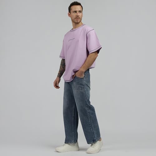 Image of BE SAVAGE 240 GSM Ultra Premium Heavyweight Oversized T Shirt for Men with Embroidered Savage in Front Drop Shoulder T Shirts for Men Embroidery T Shirt