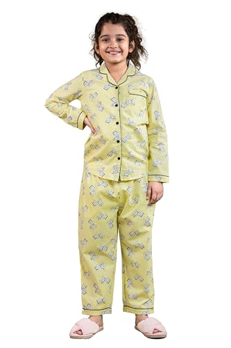 Image of Tweeny Mini Kids Girls Pure Rayon Night Suit | Sleepwear| Night Wear | Nightdress | Top Shirt & Pyjama Combo Set Floral Printed with Pockets Full Sleeves