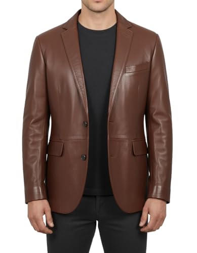 Genuine Lambskin Leather Blazer for Men Business Casual Mens 2 Buttons Leather Sport Coat