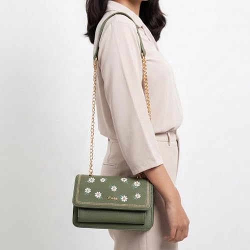 Image of EXOTIC Fiora Daisy Sling Bag for Women | Embroidered Floral Leatherette Crossbody Handbag with Chain Detail & Flap Closure | Elegant Casual & Party Purse