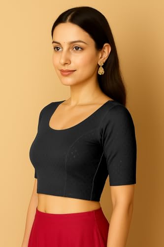 Women's Round Neck Cotton Dobby Lycra Elbow Sleeve Readymade Saree Blouse3