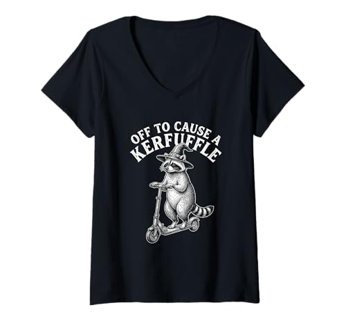 Women's Off to Cause A Kerfuffle Raccoon Witch Scooter Funny V-Neck T-Shirt