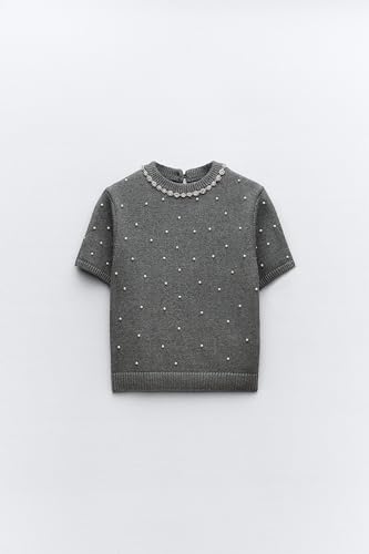 LifeShe Women's Short Sleeve Pearls Sweater Casual Crew Neck Crop Rhinestones Knit Pullover Sweaters4