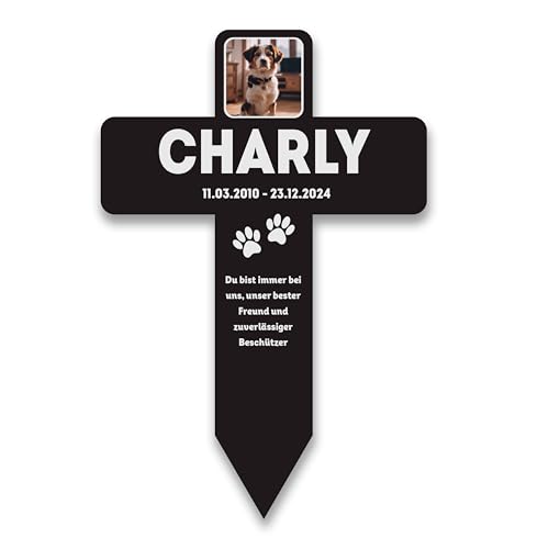 LAUBLUST Personalisiertes Acryl-Grabkreuz als Grabschmuck für Hund, Katze, andere Haustiere mit Foto & Name | Erinnerung, 2 Größen - Grabstecker Kreuz mit Gravur als Tiergrab-Deko & Grabkreuz mit Name