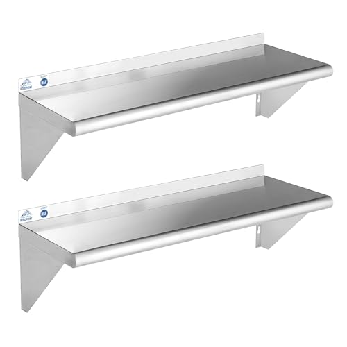 Image of ROCKPOINT Stainless Steel Shelf 12 x 36 Inches 300lb, 2 Pack NSF Commercial Wall Mount Floating Shelving with Backsplash for Restaurant, Kitchen, Home and Hotel, Silver