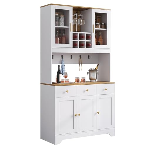 Azkoeesy Küchenschrank 94,5x40x175,5 cm, Hochschrank mit Glasvitrine, Arbeitsplatte, Haken, 3 Schubladen, Weinregal, weiß mit Holzmaserung und Goldene Griffe, MDF & Spanpaltte