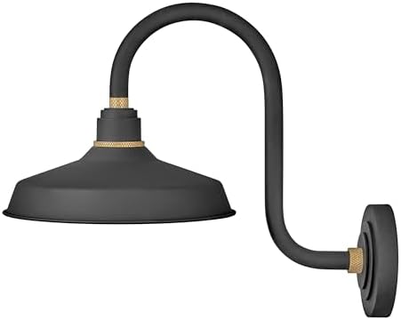 Hinkley Foundry Classic Medium Tall Gooseneck Barn Light, Aluminum, Dark Sky Compliant, Industrial, 20" Extension, 12" Shade, Textured Black Finish with Brass Accent