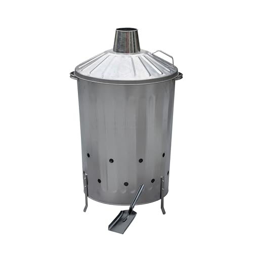 90L Extra Large Garden Incinerator Bin Galvanised Metal Burning Bin with Lid & Ash Shovel Outdoor Waste Rubbish Leaves Paper & Garden Refuse Burner Quick Burning Ventilation Design