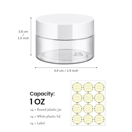 TUZAZO 24 Pack 1 Oz Small Plastic Container Jars with Lids and Labels BPA Free, Empty Round Clear Cosmetic Containers Plastic Slime Jars for Lotion, Cream, Ointments, Samples, Travel Storage (24)2