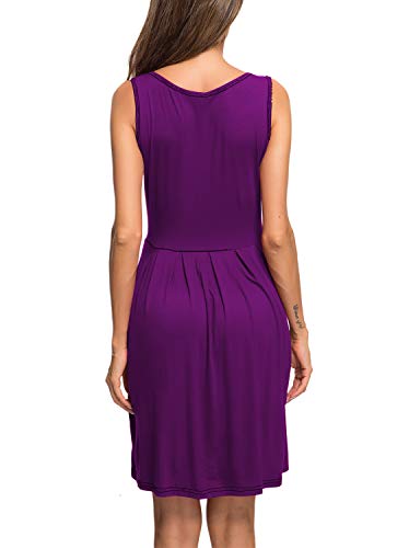 Auselily Women's Sleeveless Pleated Tank Empire Waist Casual Dress With Pockets Knee Length Purple #TOP5