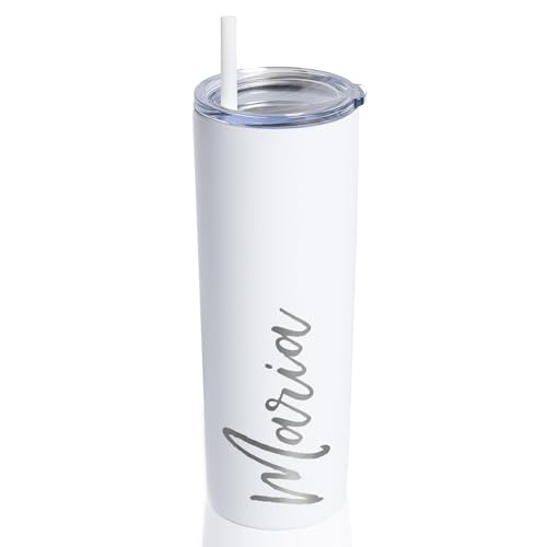 Lifetime Creations Engraved Personalized Tumbler with Straw 20 oz - Stainless Steel Vacuum Insulated Skinny Tumbler Engraved with Name (White)