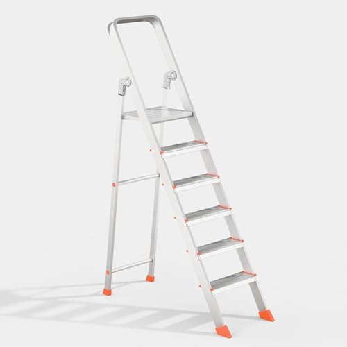Image of 6 Step Foldable Aluminum Step Ladder with Anti-Slip Steps & Rubber Feet | Heavy-Duty Portable Ladder for Home, Kitchen, Office & Indoor Use (6 Step)