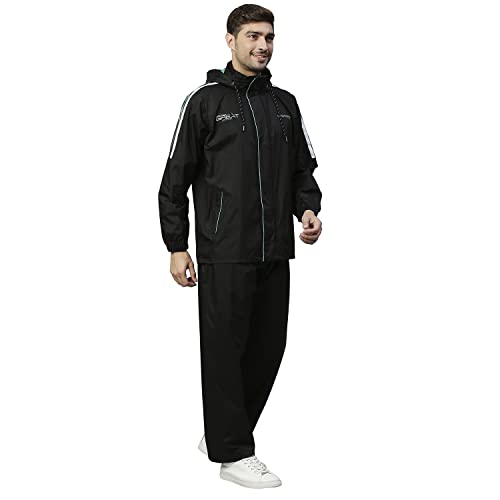 Image of ZEEL Rain Coat for Men Waterproof for Bike Riders with Adjustable Hood and Pocket,Waterproof Raincoat with Polyester Jacket,Pants and Carrying Pouch,AZ07 Black-Green L
