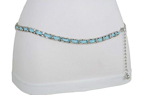 TFJ Women Fashion Belt Silver Metal Chain Links Hip High Waist Skinny Turquoise Blue M L XL2