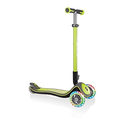 Globber - ELITE DELUXE LIGHTS - Patinete de 3 ruedas plegable e iluminado para niños de 3 a 9 años + , Verde lima