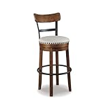Signature Design by Ashley Valebeck | 30″ Farmhouse Pub-Height Swivel Barstool With Back – Upholstered Cushion, Nailhead Trim, Metal & Wood Frame, Brown