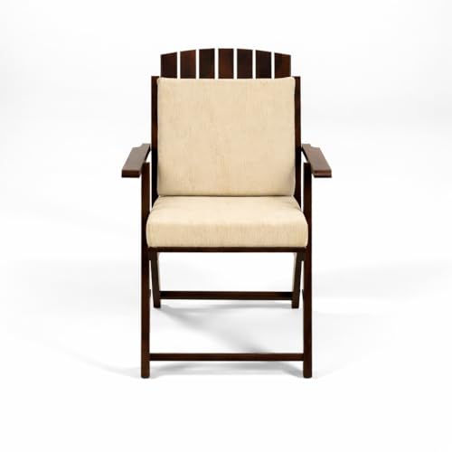 Image of WELL KNOWN Foldable Wooden Outdoor Chair with Cushioned Seat & Backrest - Patio Garden Armchair with Cream Paisley Fabric, Walnut Finish, Solid Wood, 34 Inch Height