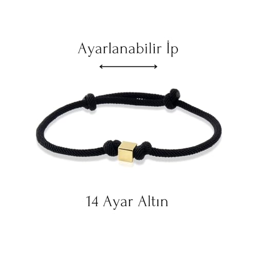 Altınköşe Altın Küp Siyah İpli Bileklik 14 Ayar, Sevgililer Günü Hediye Bileklik, Sevgiliye Hediye