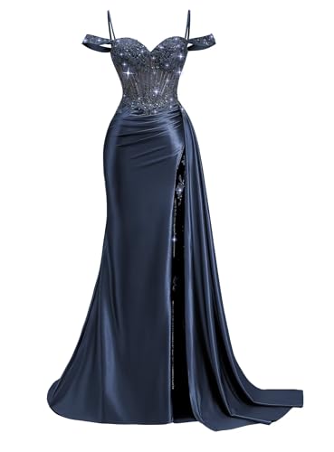 Off Shoulder Satin Prom Dresses Long Slit Mermaid Lace Beaded Evening Gown Bodycon Formal Dresses for Women with Tail Navy Blue Size 4