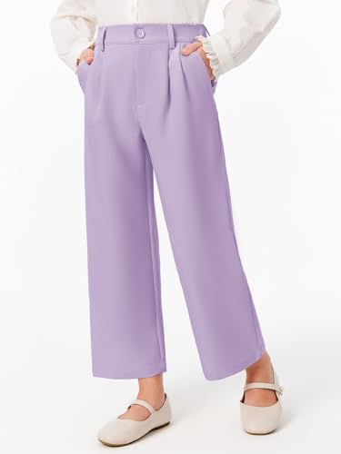 Image of Haloumoning Girls Uniform Pants Kids High Waisted Wide Leg Dress Pants Casual Trousers with Pockets 5-14 Years