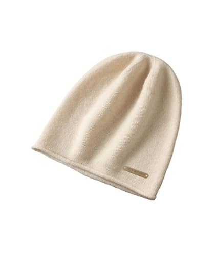 Gorro de Cachemira de mujer en beige, suave, cálido y con puño enrollado para invierno.