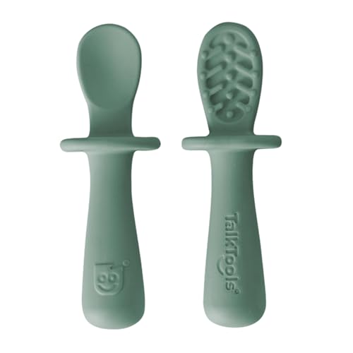Image of TalkTools ITSY Tiny Silicone Spoons – Twin Pack Soft Silicone Self-Feeding Training Spoons for Kids & Toddlers, Anti-Choking Flange Guard and Non-Slip Handle (Sage)