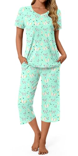syoss Womens Pajamas Set 2 Piece Pj Sets Summer Loungewear Soft Capri Sleepwear With Pockets L, Butterflies Mint Green