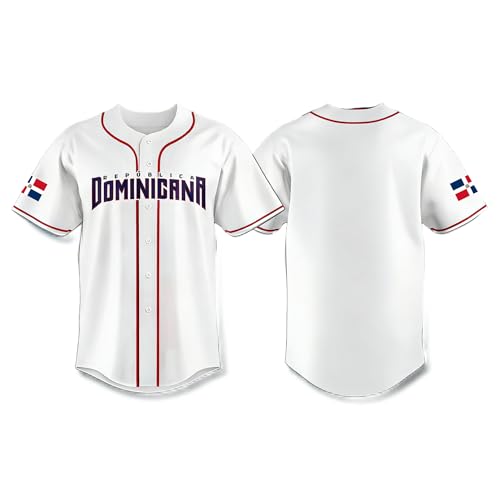 Suohuicp Dominican Republic Baseball Jersey 90s Short Sleeve Button Down Mesh Baseball Shirt Men Women (US Alpha X-Large Regular Regular White)