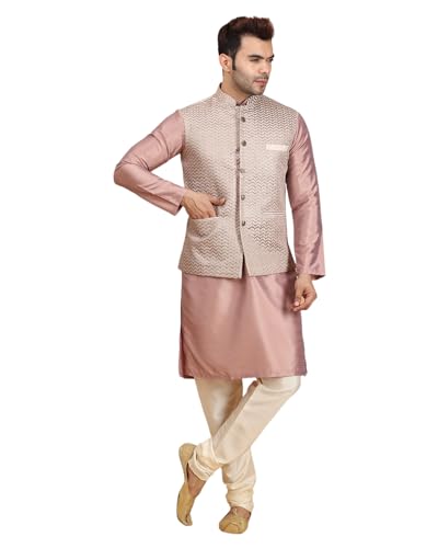 Image of Ethluxis Men Silk Blend Kurta Jacket Set with Mandarin Collar