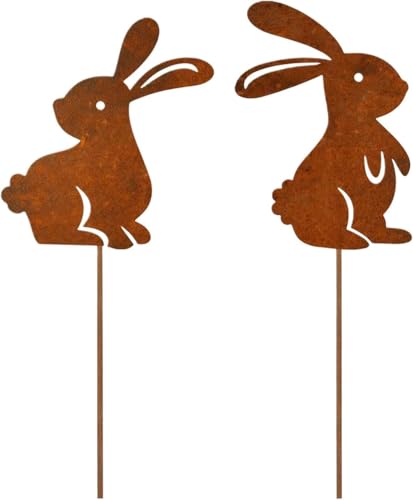 EnixwH 2 Pièces Decoration Maison Pâques Lapin Rouillés Decoration Murale Metal Deco Jardin Lapin Piquets Jardin pour Terrasse Balcon Salon Printemps Cadeau...