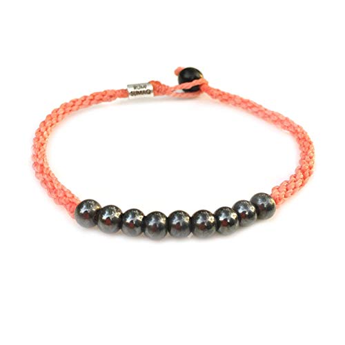 Anklet with Beaded Hematite Stones for Men and Women in Coral Melon: Handmade Woven Knot Braided Rope Surfer Beach Jewelry by Rumi Sumaq