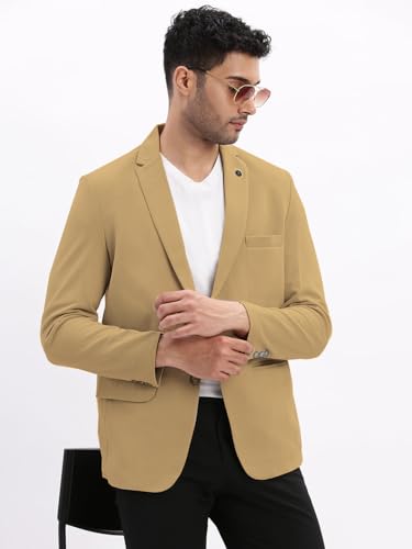 Image of SHOWOFFFF Men Solid Single Breasted Casual Blazer | Notched Lapel Full Sleeves Cotton Blazer for Mens | Slim Fit Regular Length Blazer for Men's