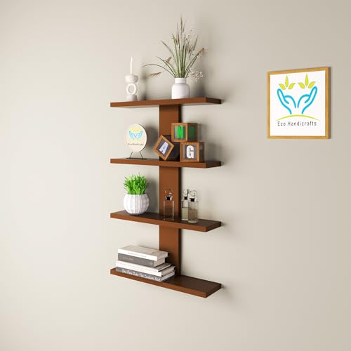 Image of Wooden Wall Mounted Floating Rack Shelves Book Stand Display Hanging Shelf Living Room Bedroom Storage Home Office for Decoration Showcase (Brown)